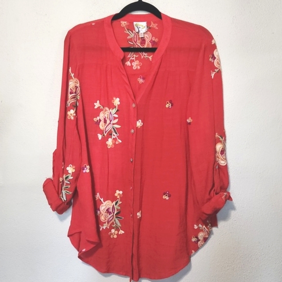 fig and flower Tops - Anthropology Fig and Flower Embroidered Coral Blouse Tunic Size XL